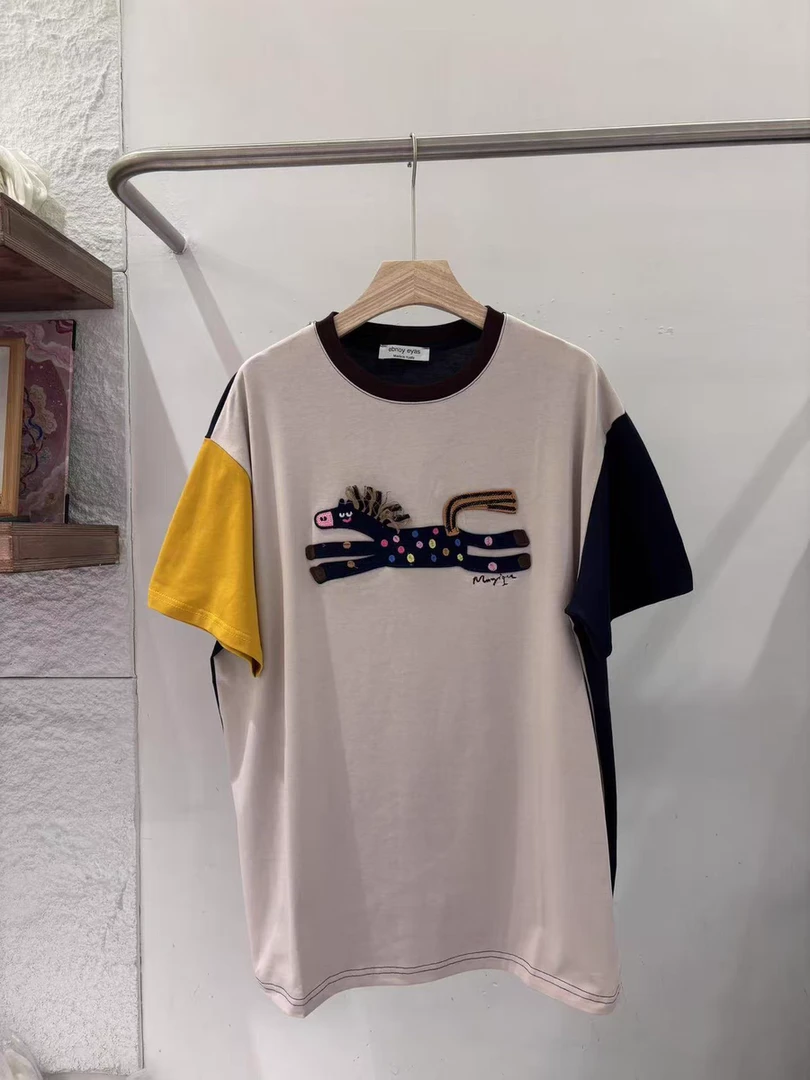 【FANG方方】2025夏季新款时尚圆领卡通小马刺绣短袖T恤上衣