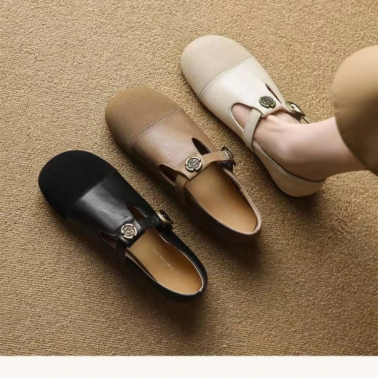 Z2025春季新款民族风复古山茶花T字带小皮鞋软底单鞋女扣带妈妈鞋