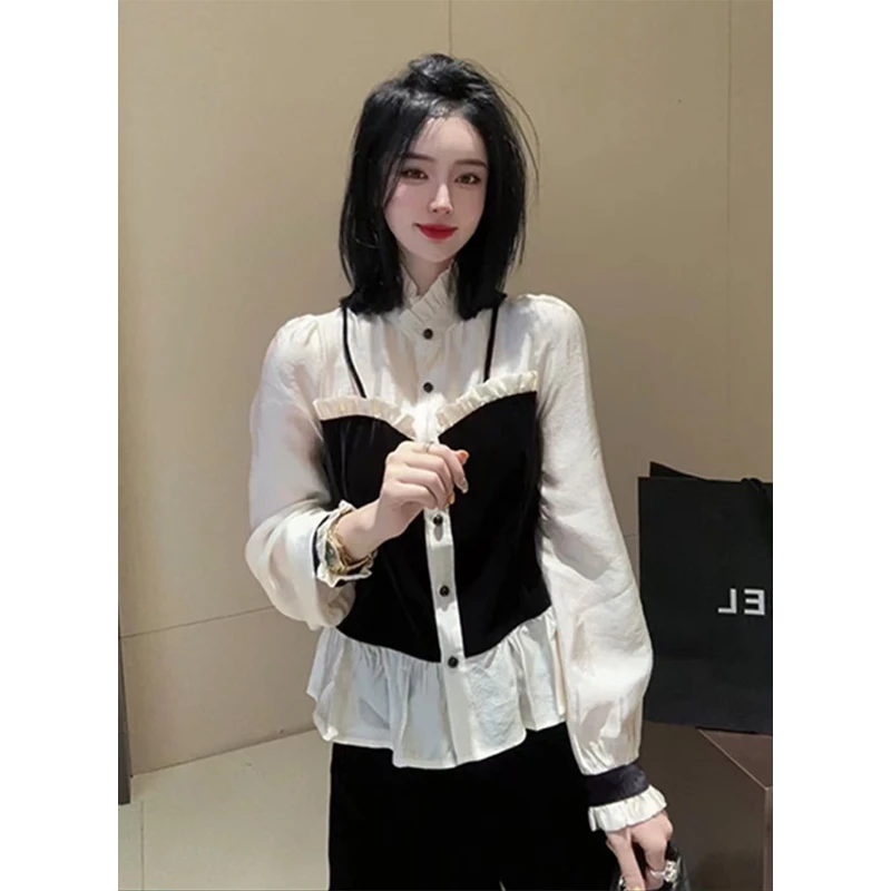 90129 气质百搭撞色假两件荷叶边上衣 大仓库  1-3