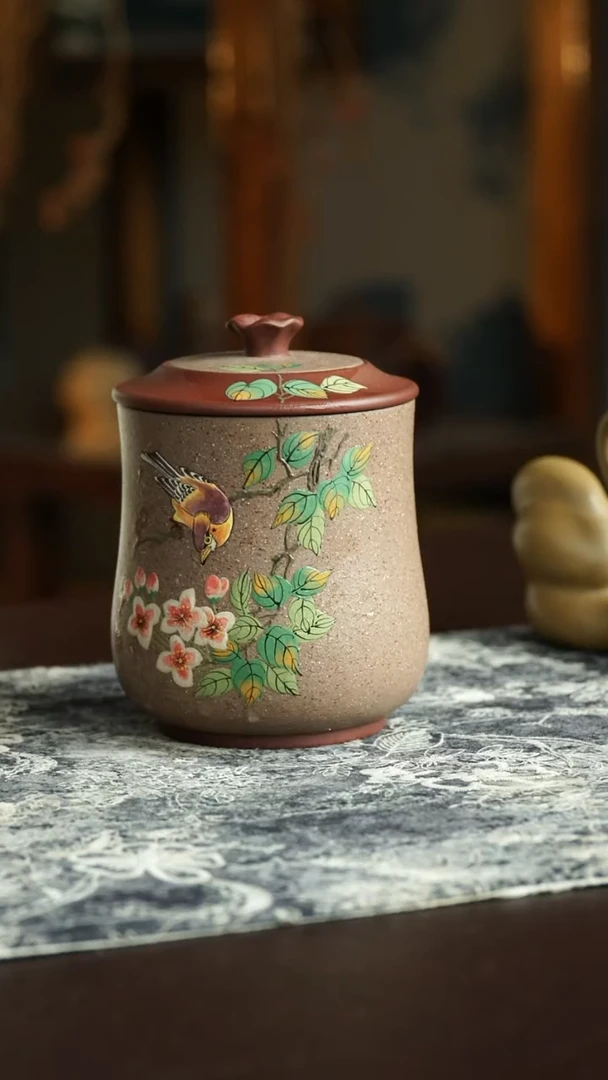 茶杯紫砂范士玉老师 精品泥绘荷花茶叶罐宜兴紫砂原矿作品