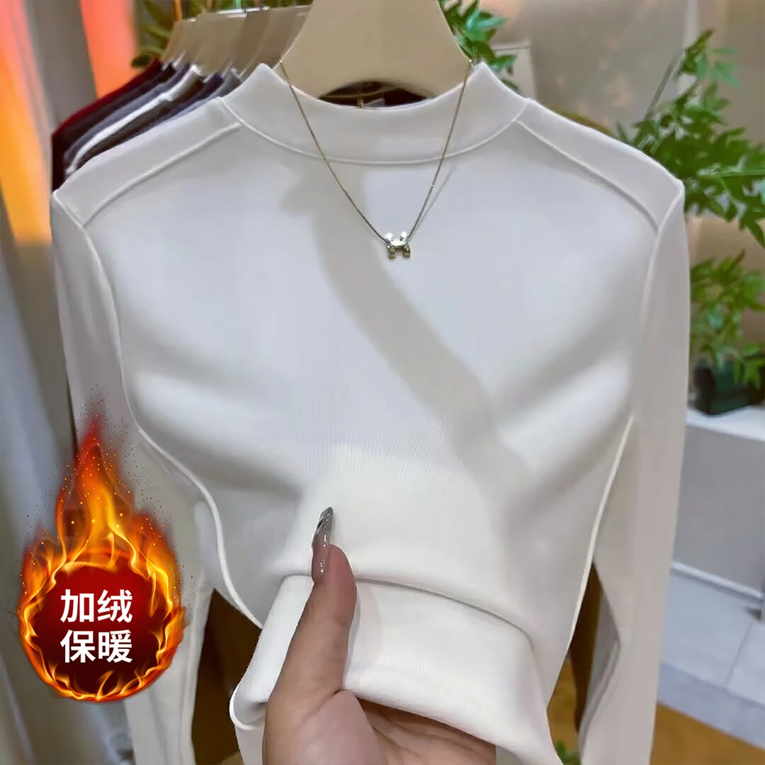 加绒磨毛鱼骨圆领内搭上衣设计感2026秋冬季新款修身显瘦打底衫女