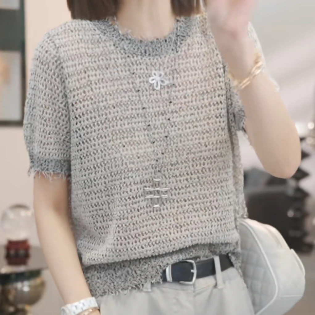 设计感撞色圆领短袖针织衫女2025夏季新款时尚休闲设计师毛衣上衣