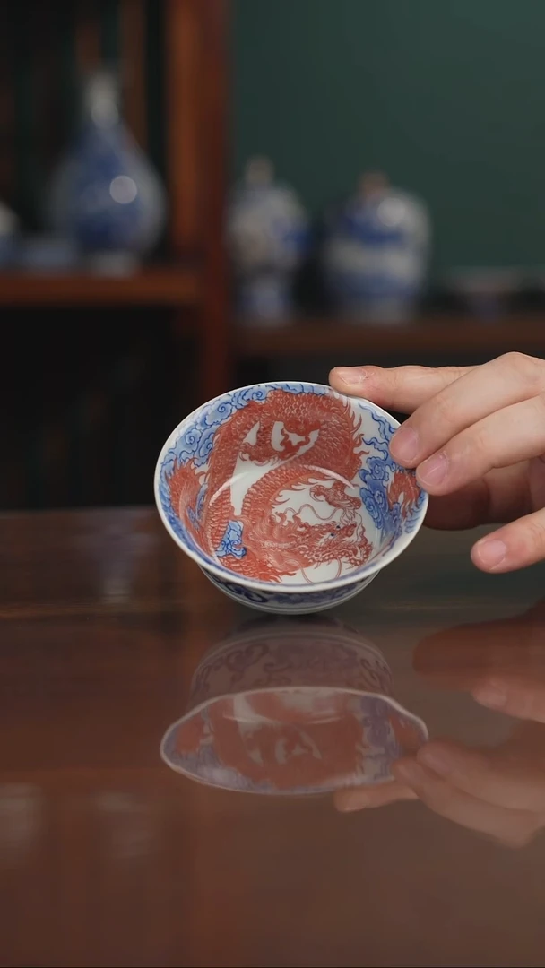 自成堂柴窑 釉里红龙 马蹄杯