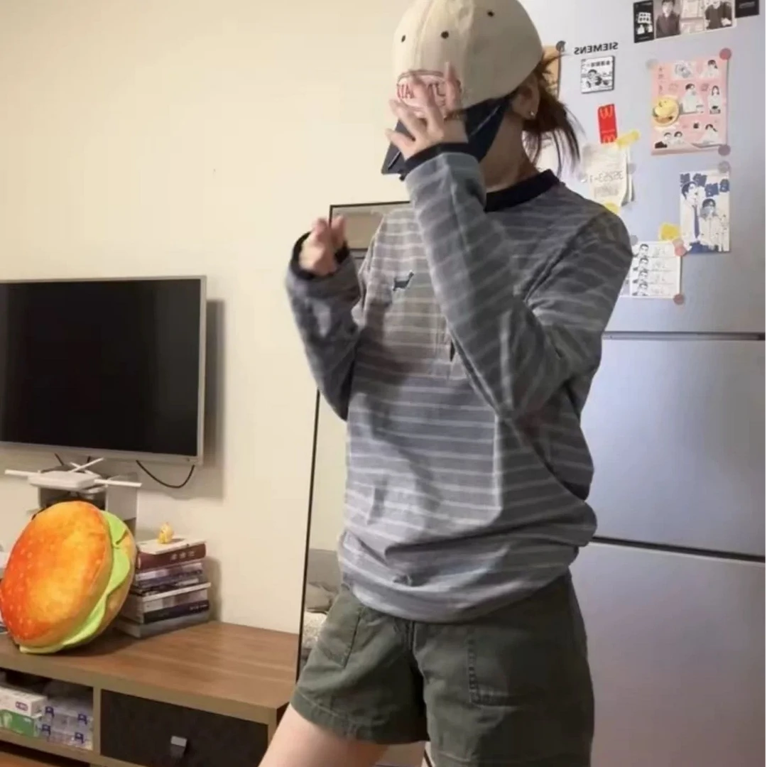 美式复古亨利领条纹长袖t恤女秋季撞色拼接宽松显瘦百搭情侣上衣