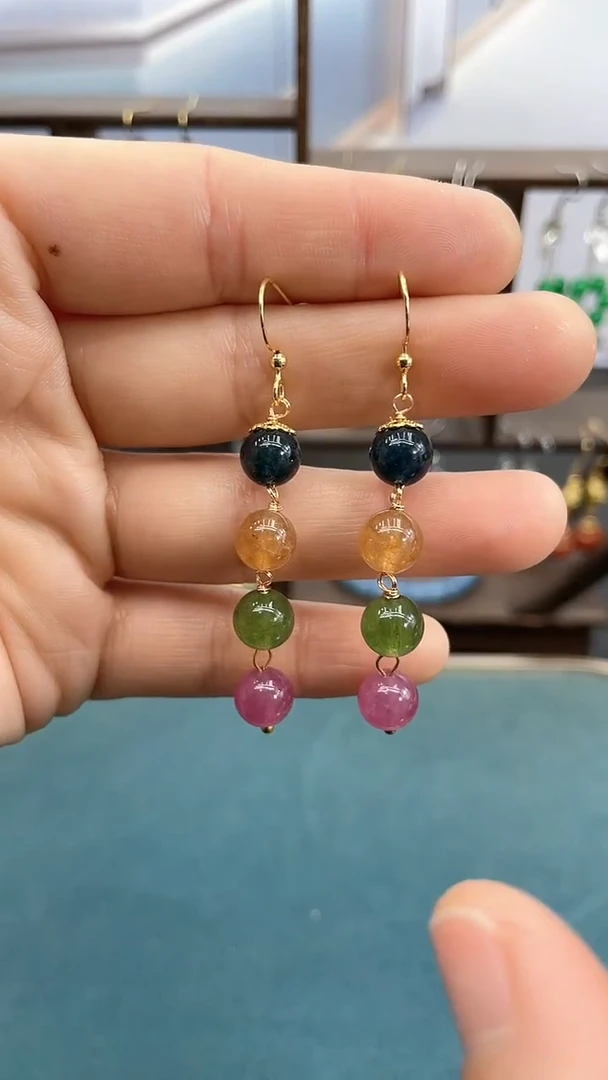 14K金镶嵌耳饰碧玺8mm耳钩202