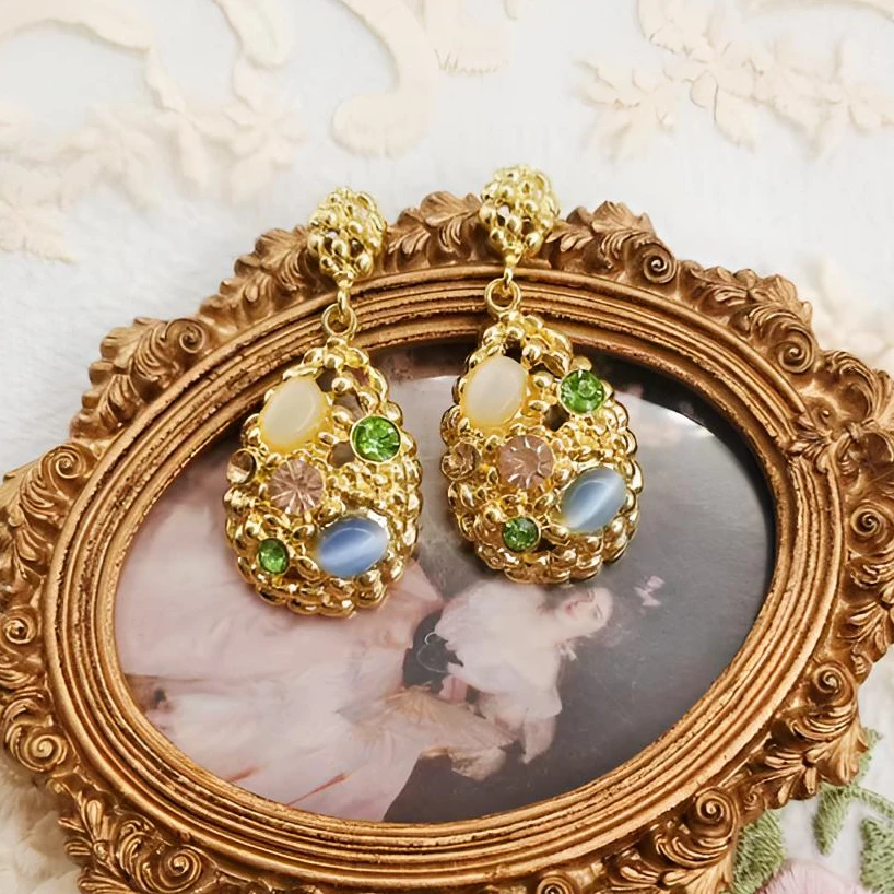 合金仿水晶耳饰 2680 复古宫廷风百搭优雅椭圆长款轻奢风耳饰
