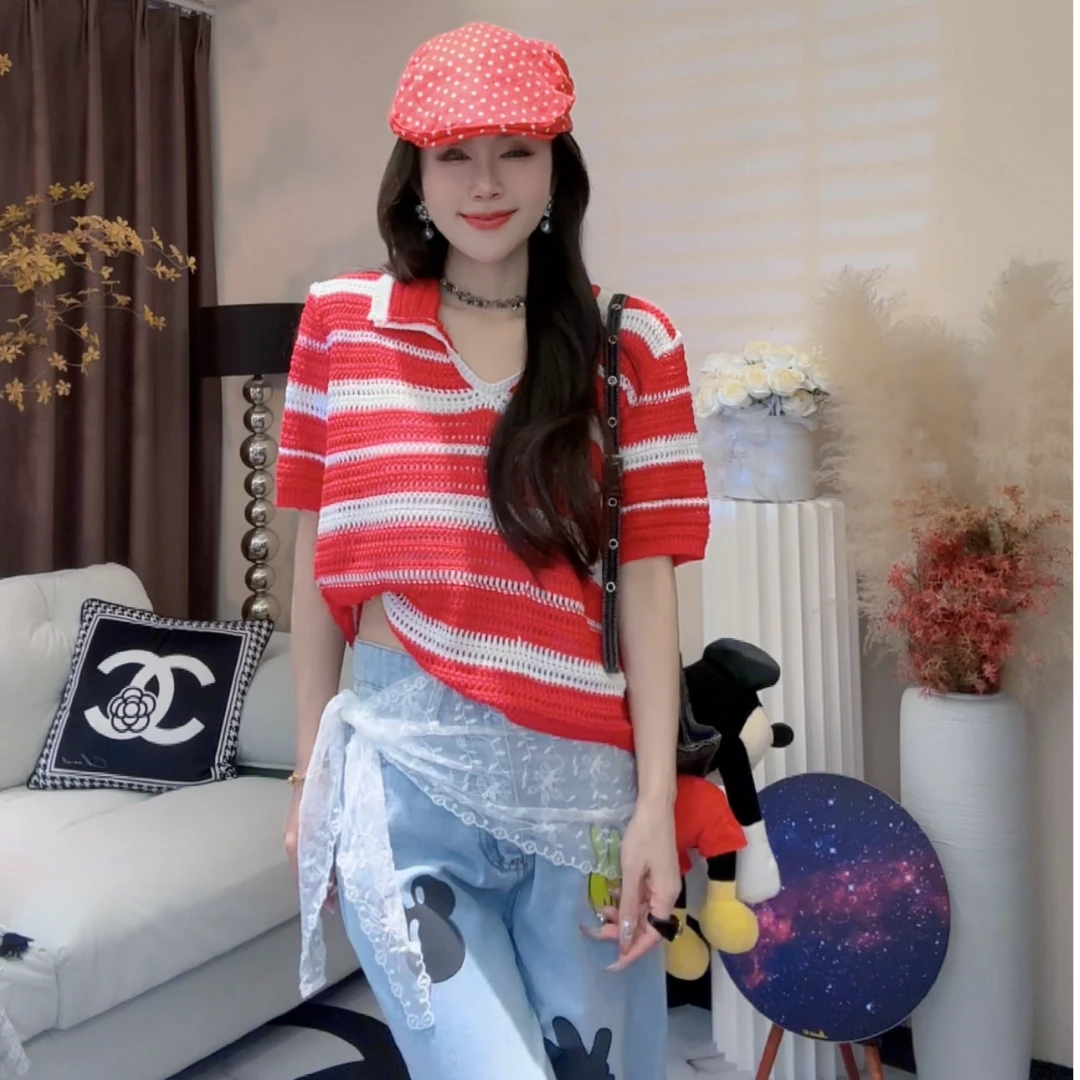 L.X~设计感撞色条纹针织短袖T恤女夏季复古镂空翻领短款上衣8282