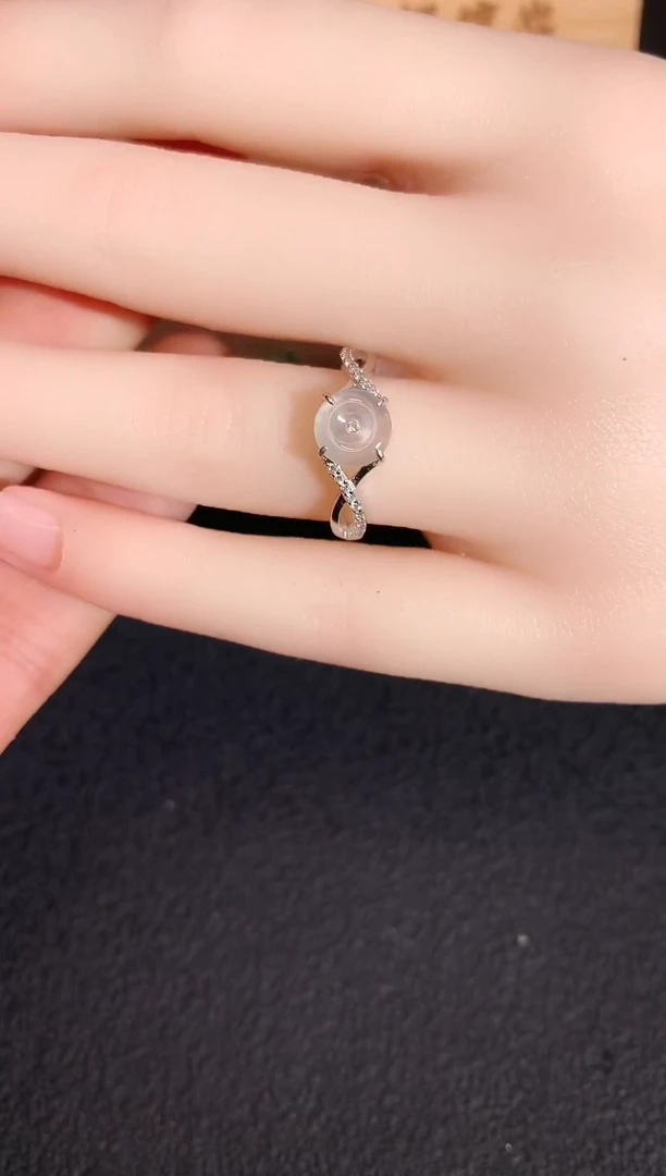 银S925镶嵌戒指翡翠S925银镶翡翠平安扣女戒指