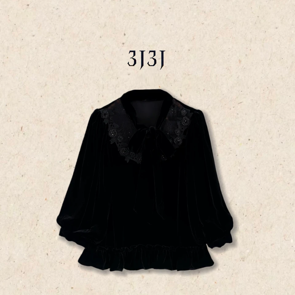 【黑玫瑰】真丝丝绒法式立体玫瑰花系带高级感百搭衬衫A051408