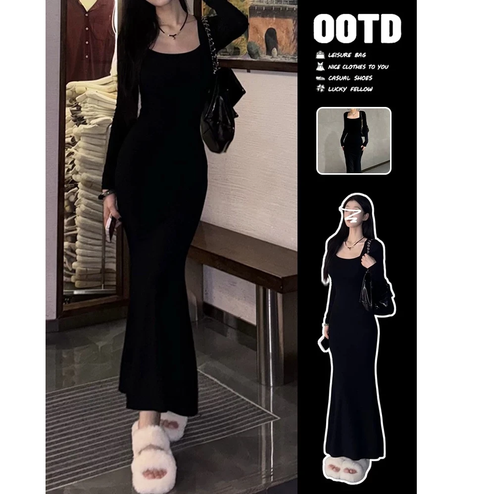 方领长袖鱼尾连衣裙春季气质高级感修身后妈裙显瘦鱼尾后妈裙