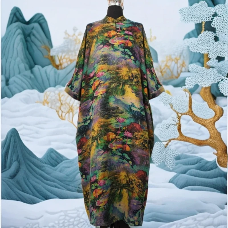 LL  2025 新款葡萄泥厚绢荷塘月色提花中式盘扣大袍子连衣裙 783