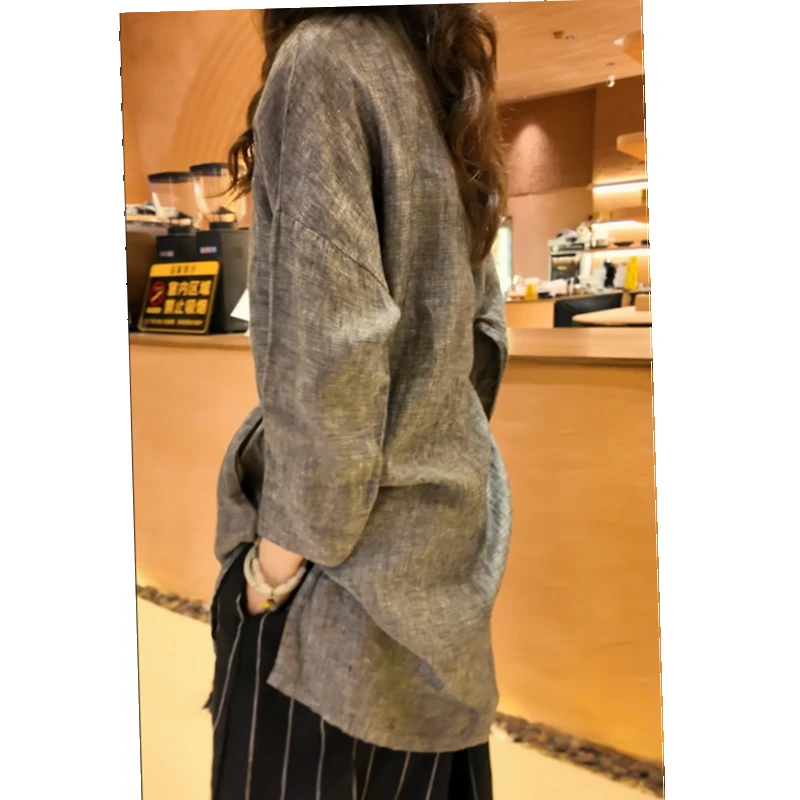 aka1679-M99早秋新品亚麻灰新中式套头衬衫