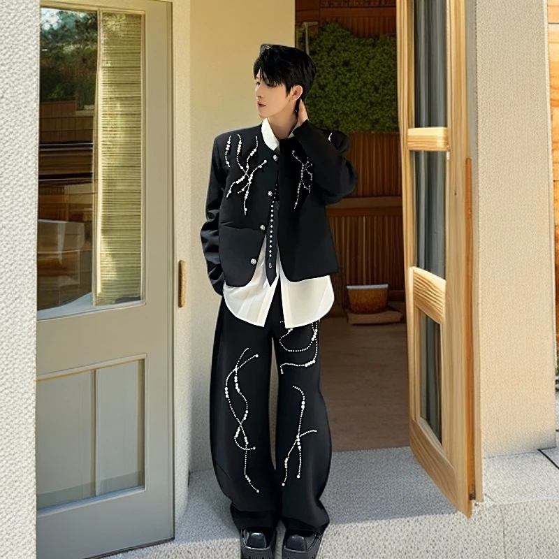 男模演出服小香风套装男士小众钉珠高级感阔腿湾刀裤宽松垫肩夹克