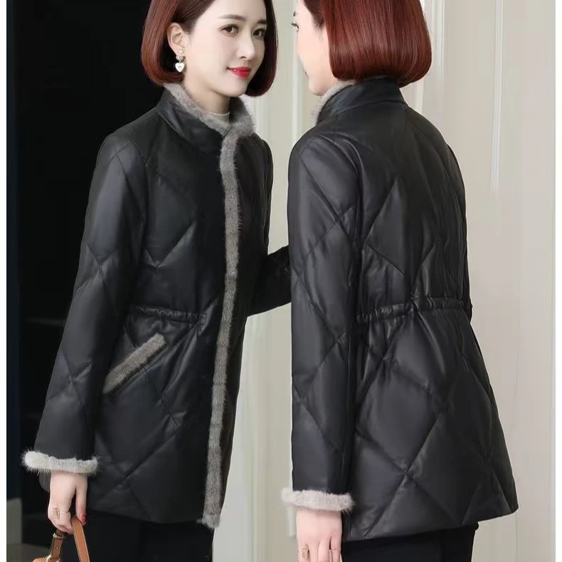 海宁中长款皮衣女2024冬季立领棉服时尚加厚新款收腰保暖棉袄外套