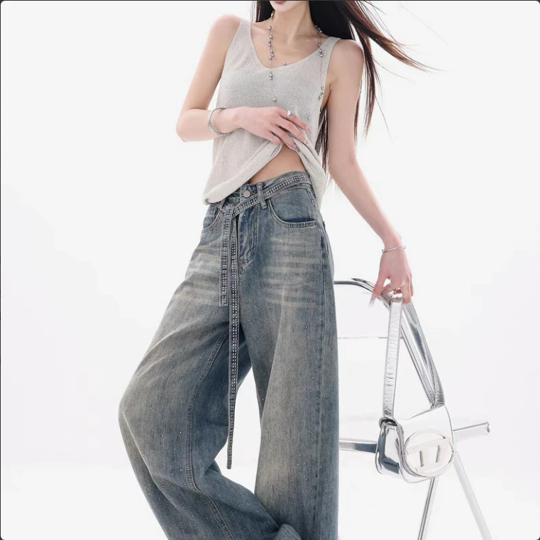 新款时尚百搭烫钻高腰显瘦直筒牛仔裤女6163