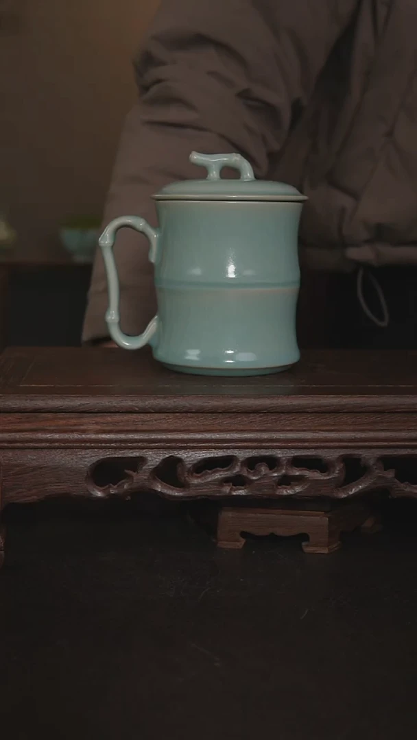 摆件瓷仿古釉手工竹节办公杯