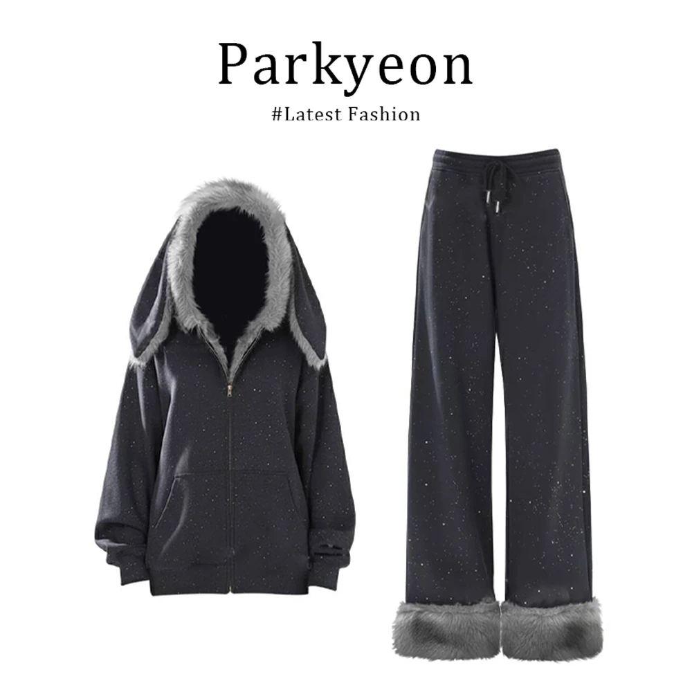parkyeon兔子耳连帽加绒加厚外套毛毛系带休闲裤冬季保暖套装女