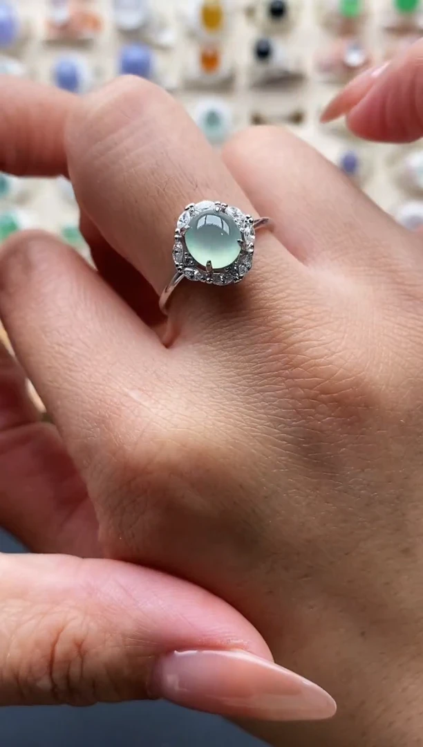 银S925镶嵌戒指翡翠缅甸天然A货翡翠22 8-6