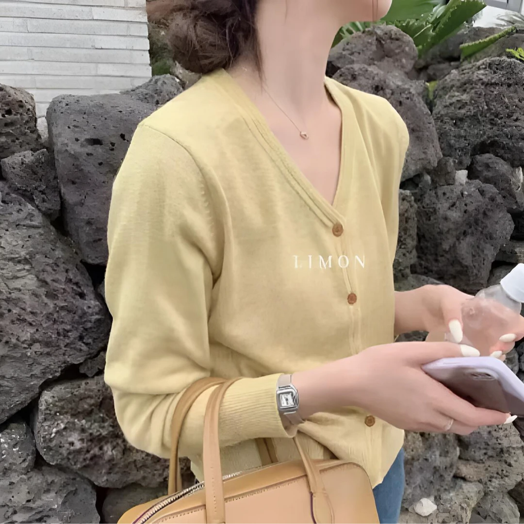 高级感新款V领开衫薄款外套针织上衣极简长袖女春秋新款设计感