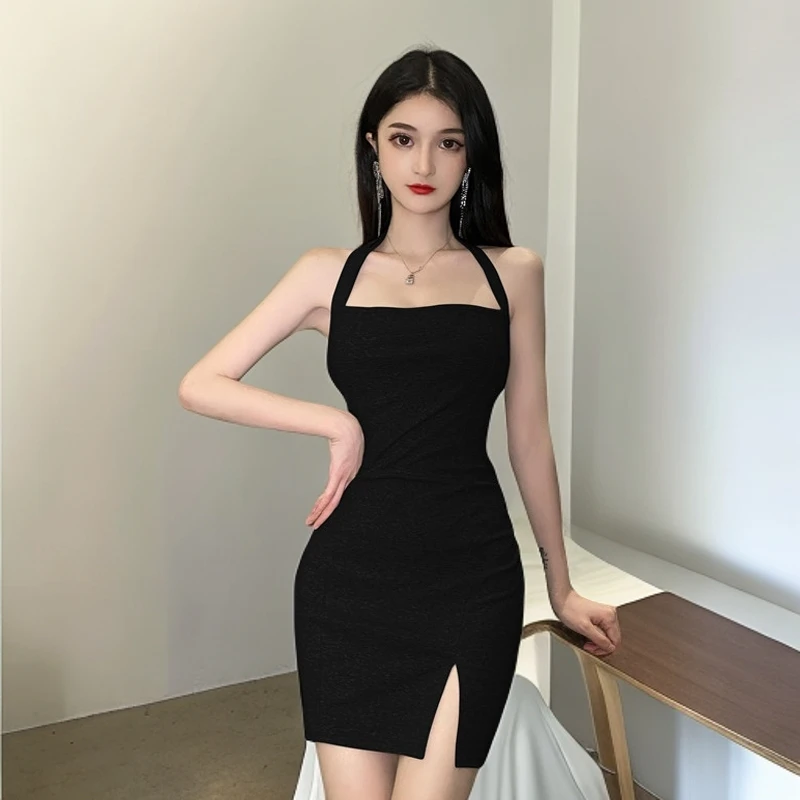 网红辣妹气质黑色显瘦弹力包臀裙时尚性感开叉露背修身挂脖连衣裙