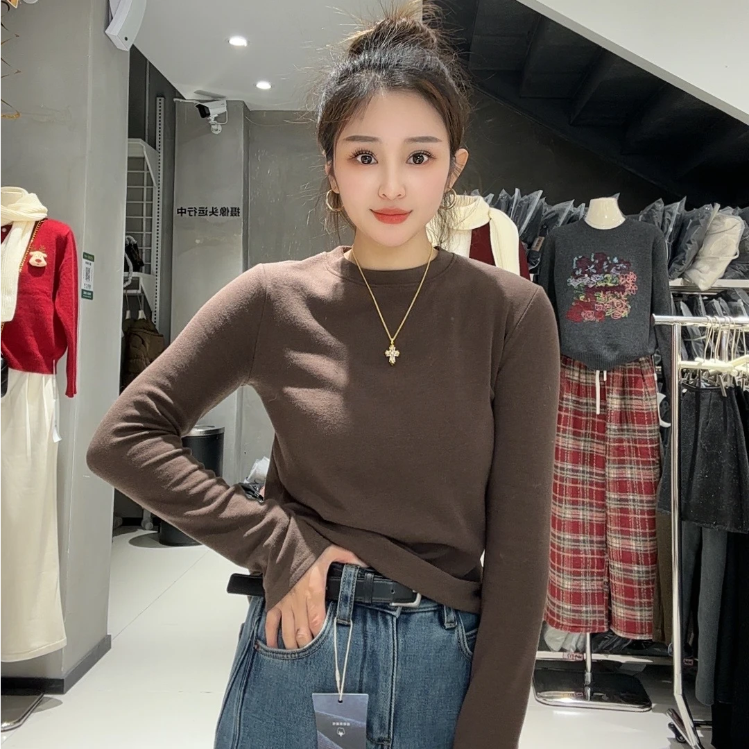 贝姐同款【加绒打底衫】1203EN新款圆领修身长袖打底衫显瘦T