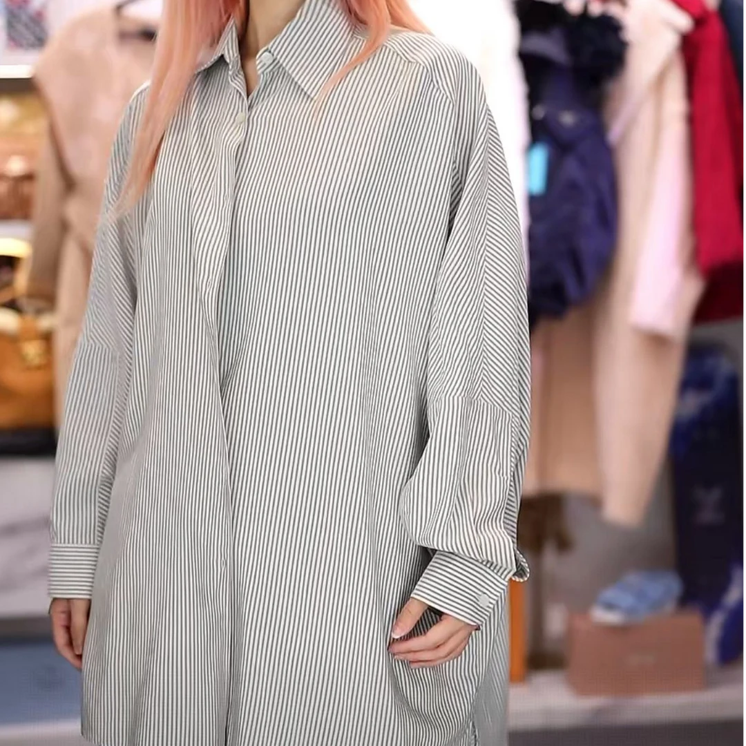 未使用 LOEWE/罗意威 灰白竖条纹皮标衬衫