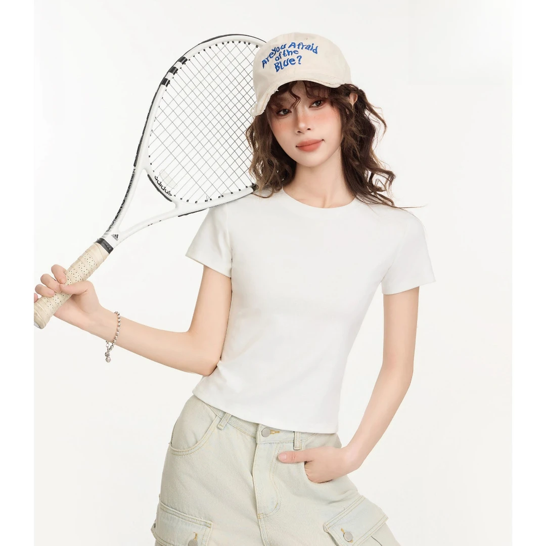 白色正肩短袖t恤女夏季修身紧身外穿百搭基础款短款上衣2026新款