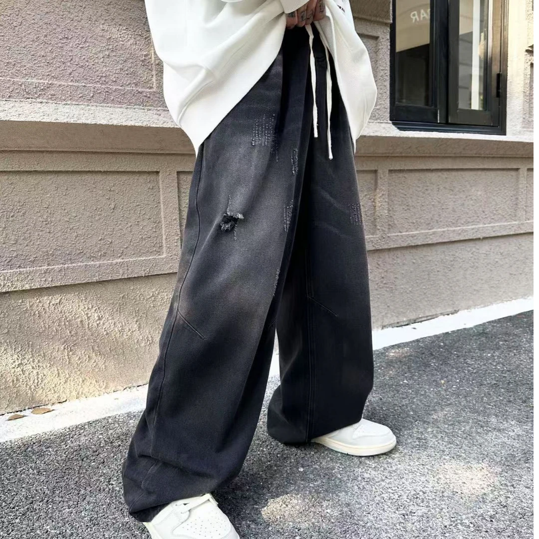 非凡世家黑色牛仔裤宽松美式复古休闲百搭筒破洞潮流春夏款牛仔裤