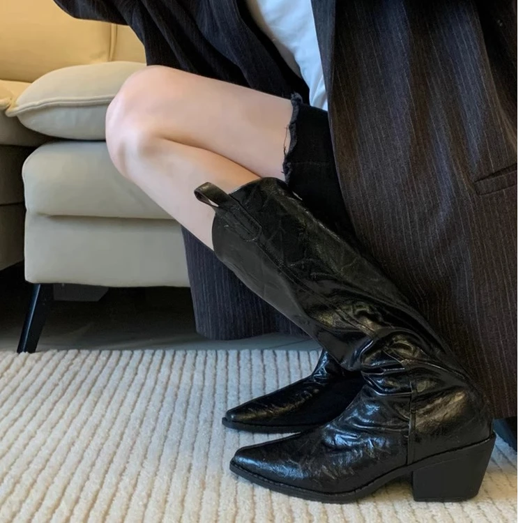 牛皮版~爆款复古西部牛仔靴女黑色尖头V口粗腿显瘦粗跟高筒骑士靴