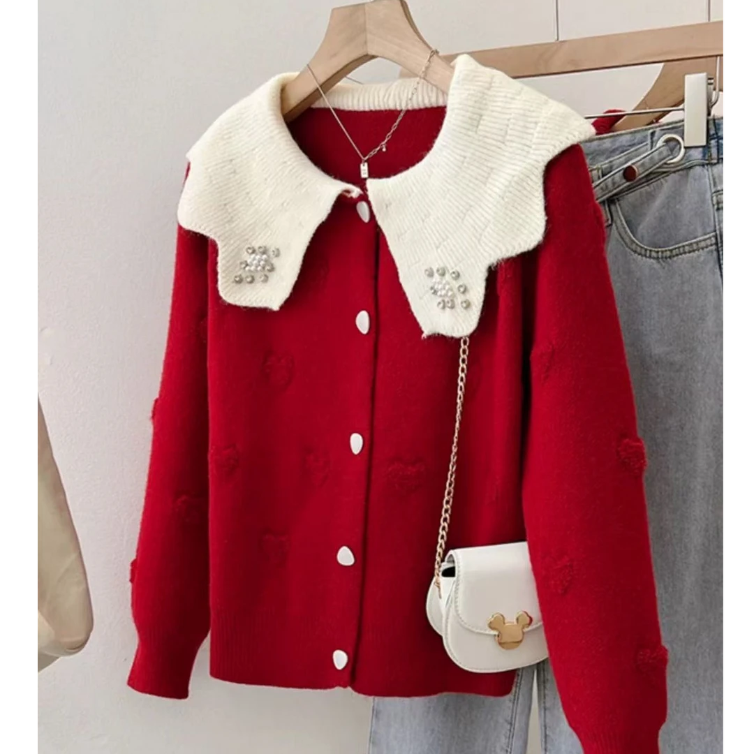 日系温柔风镶钻针织开衫春秋新款娃娃领长袖毛衣外套#A16  衣长58