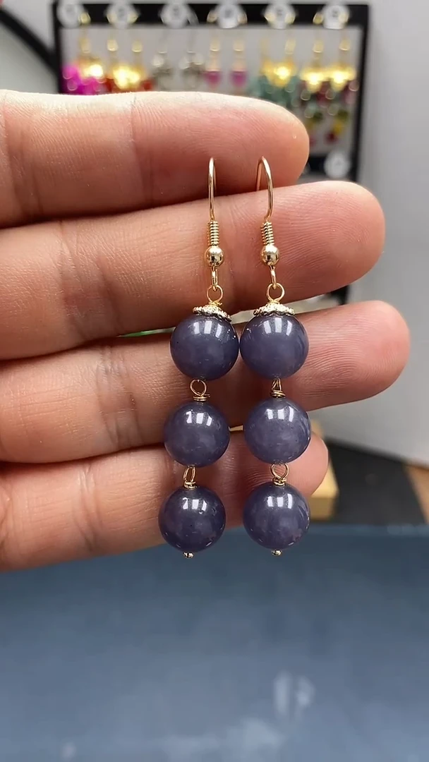 和田玉银S925镀金镶嵌耳饰尺寸10mm烟紫连珠