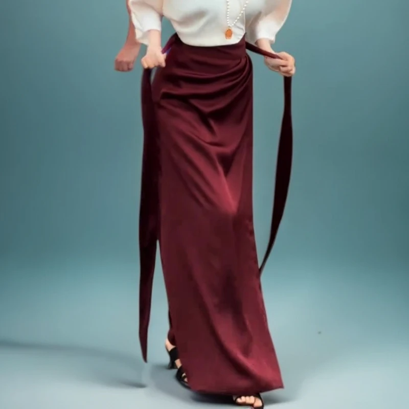 潮流绑带法式长裙女2025夏季新款名媛风收腰遮胯包臀半身裙长筒裙