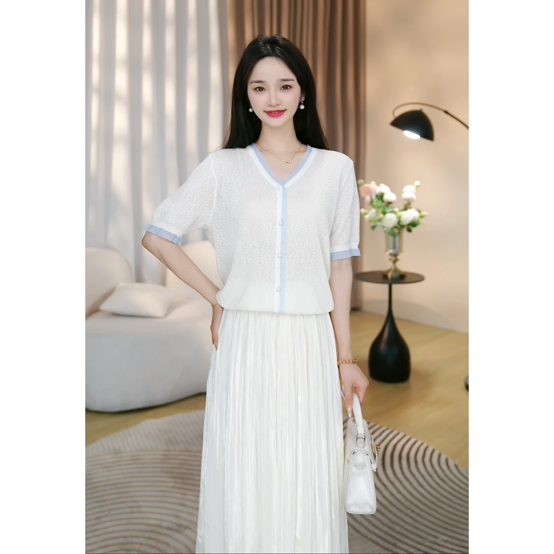 曼贝短袖薄款女夏季气质休闲开衫雅白色时尚针织衫8542620【佳莹】