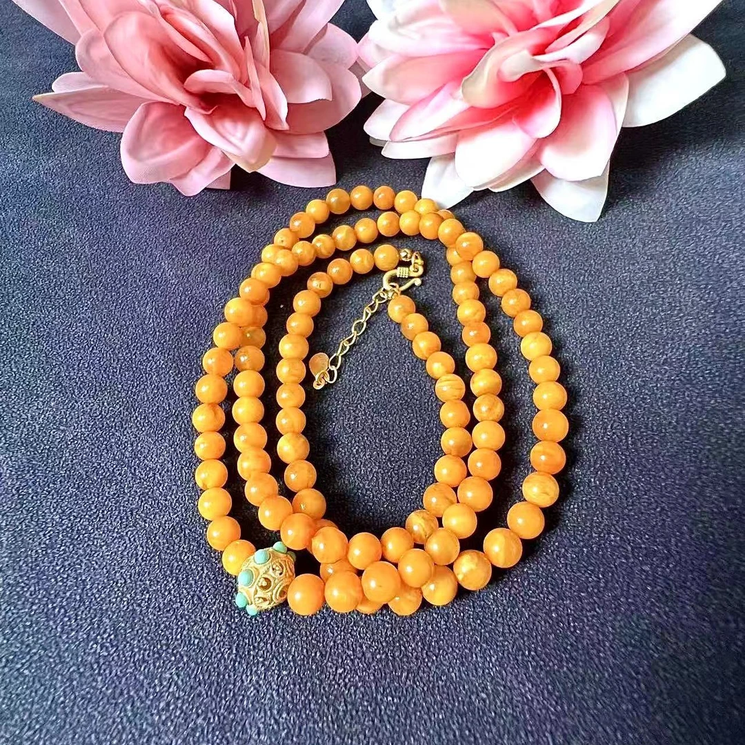 三圈琥珀蜜蜡手串女款鸡油红多圈手串长链毛衣链（多样性发货）98