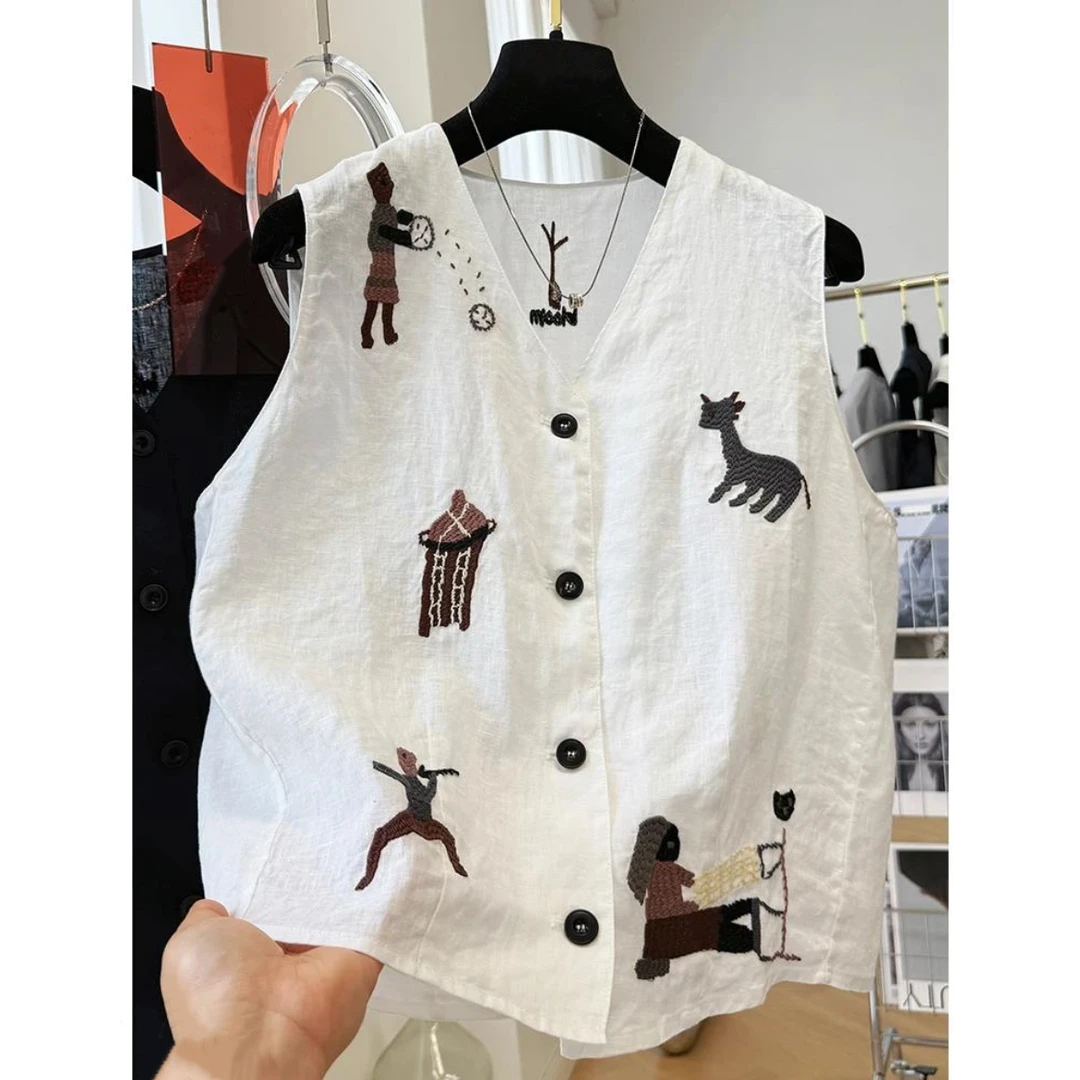 夏季新款重工刺绣韩系V领马甲无袖坎肩百搭薄款衬衣女-9013