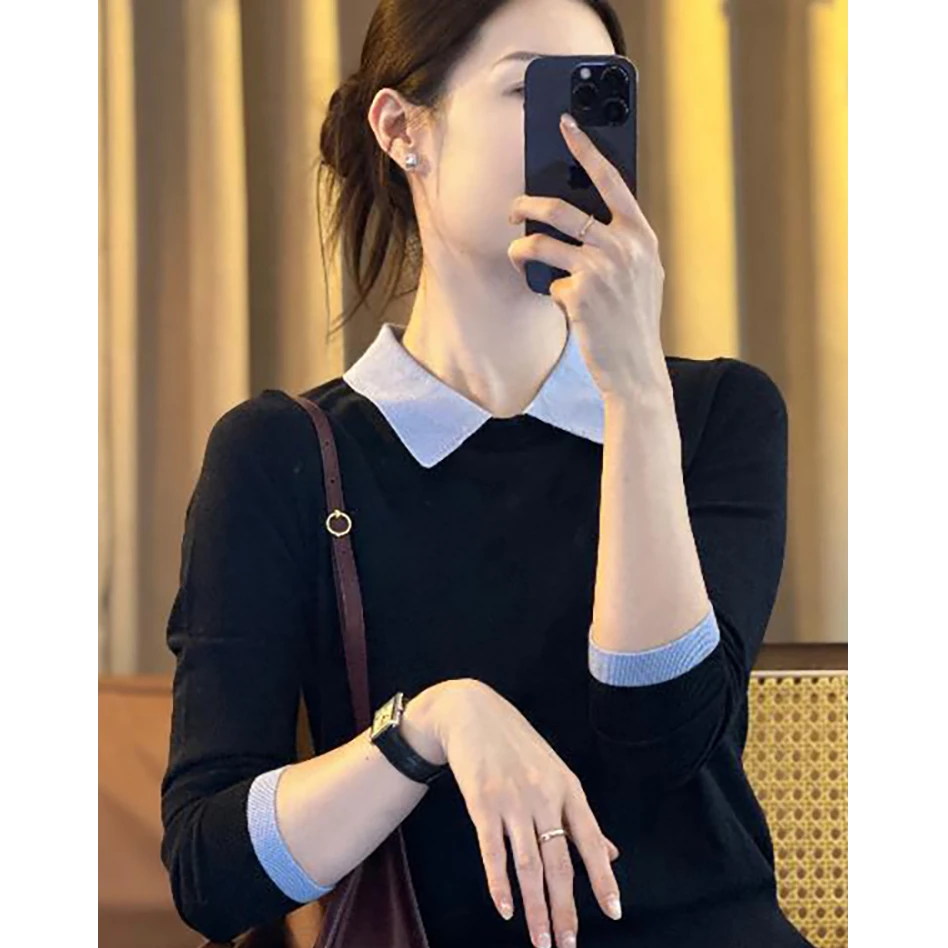 时尚撞色2025新款打底秋冬季polo气质假两件长袖针织衫套头上衣