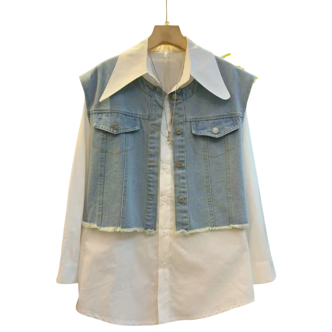 新款时尚休闲百搭牛仔气质设计感马甲衬衫两件套（长69左右）