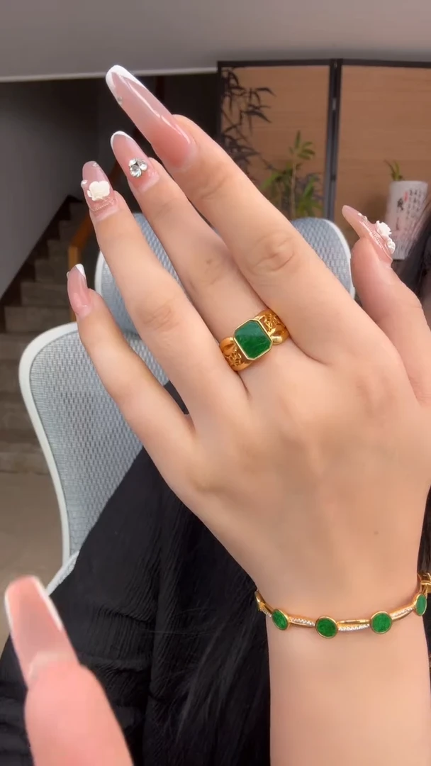银S925镀金镶嵌戒指翡翠天然缅甸A货翡翠戒指