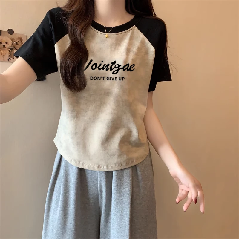 夏季不规则短袖t恤女士圆领印花修身短款插肩袖设计感复古T恤衫潮