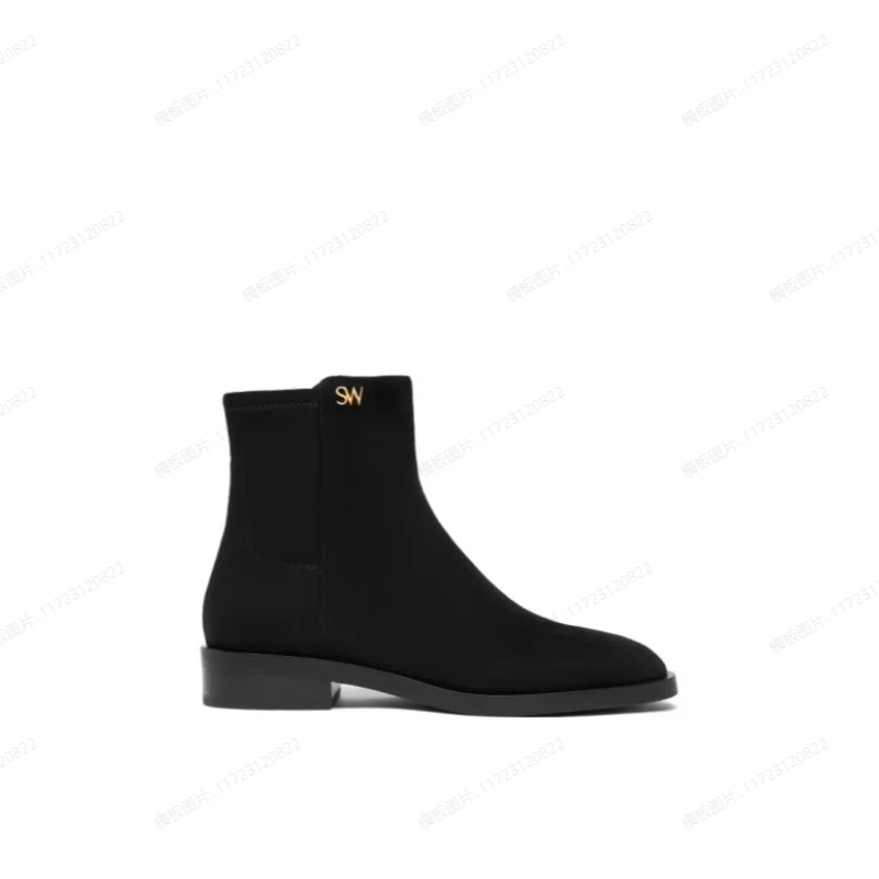未使用 StuartWeitzman 花花  圆头粗方跟短靴 黑色