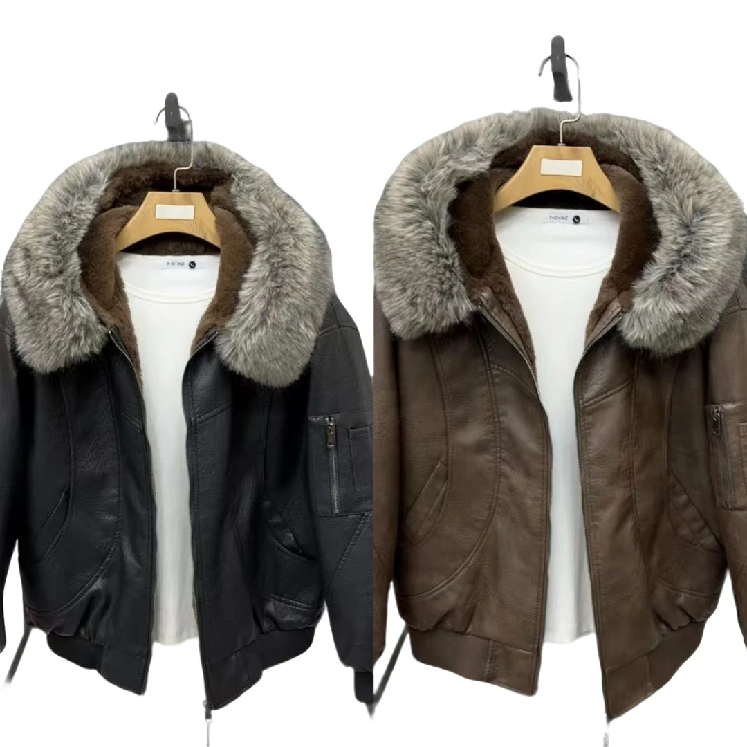 冬季新款男士休闲时尚百搭轻奢连帽加毛保暖拉链皮衣夹克上衣外套