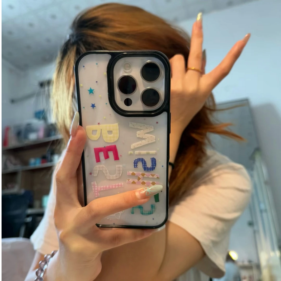 ins风网感涂鸦英文适用iPhone16手机壳苹果15pro黑框14亚克力13套