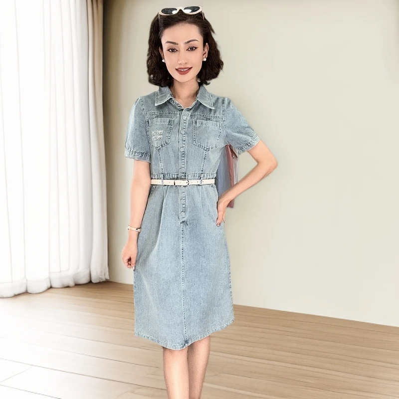 显瘦气质时尚休闲复古收腰设计感568款牛仔连衣裙