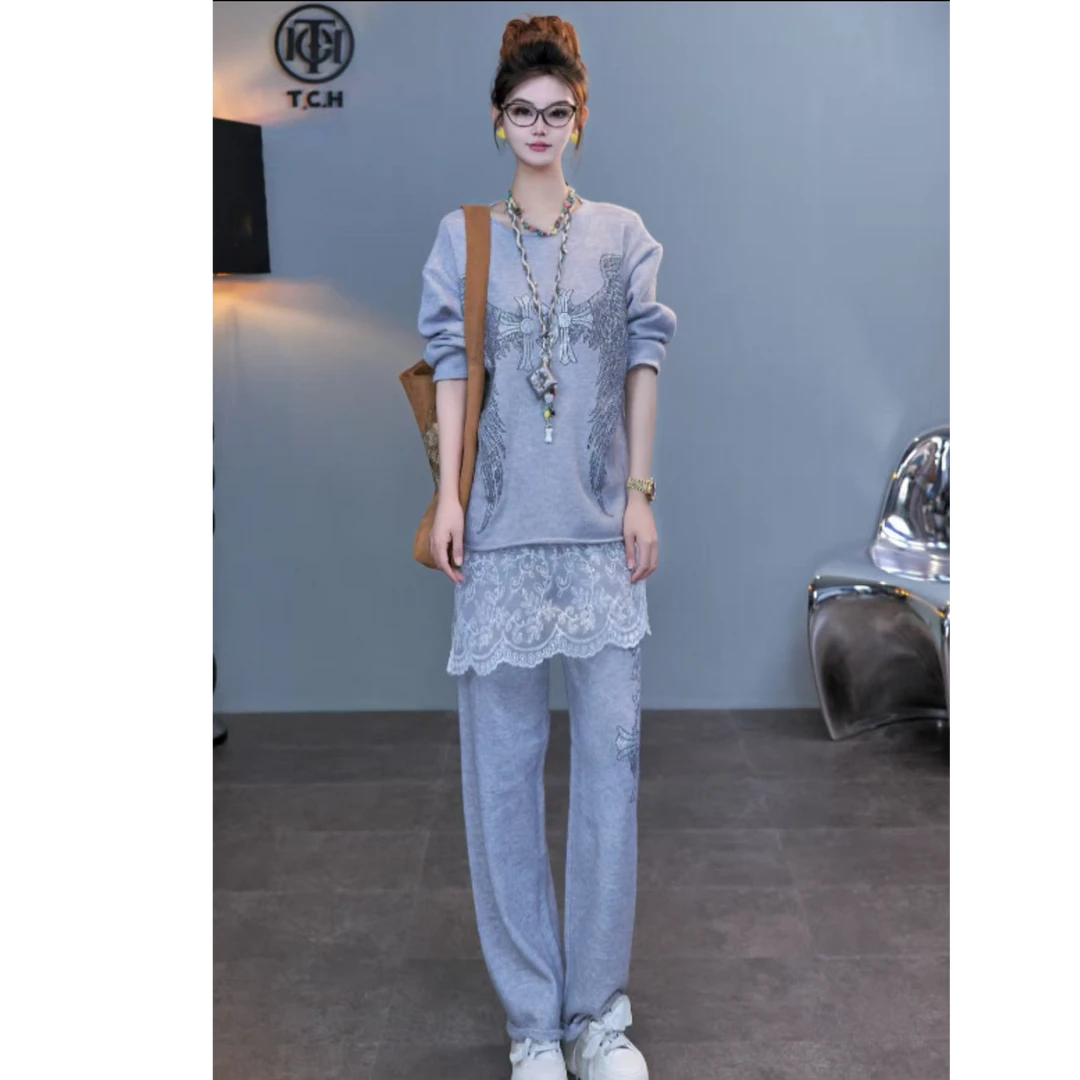 TCH私服秋冬慵懒风烫钻时尚淑女灰色套装女T75C07E1070轻奢tch