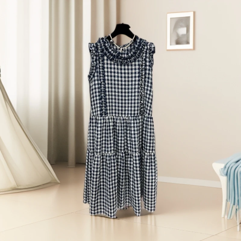 Pada.嘻&LS【木耳花边】韩版时尚 复古格子连衣裙8063 Hi Fortune