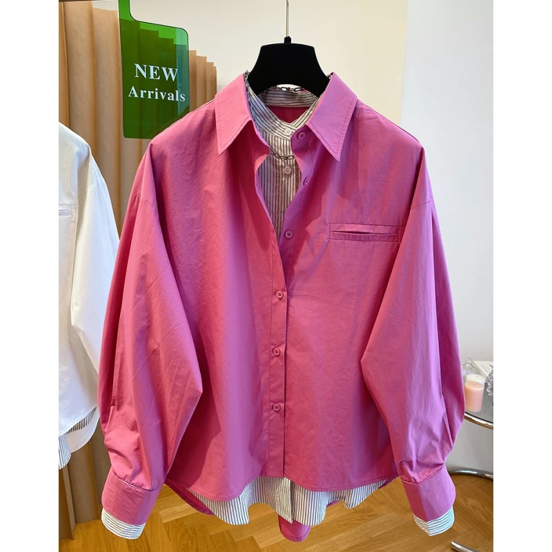 韩系高级感假两件衬衫女2025新款早秋宽松减龄玫粉色纯棉衬衣上衣