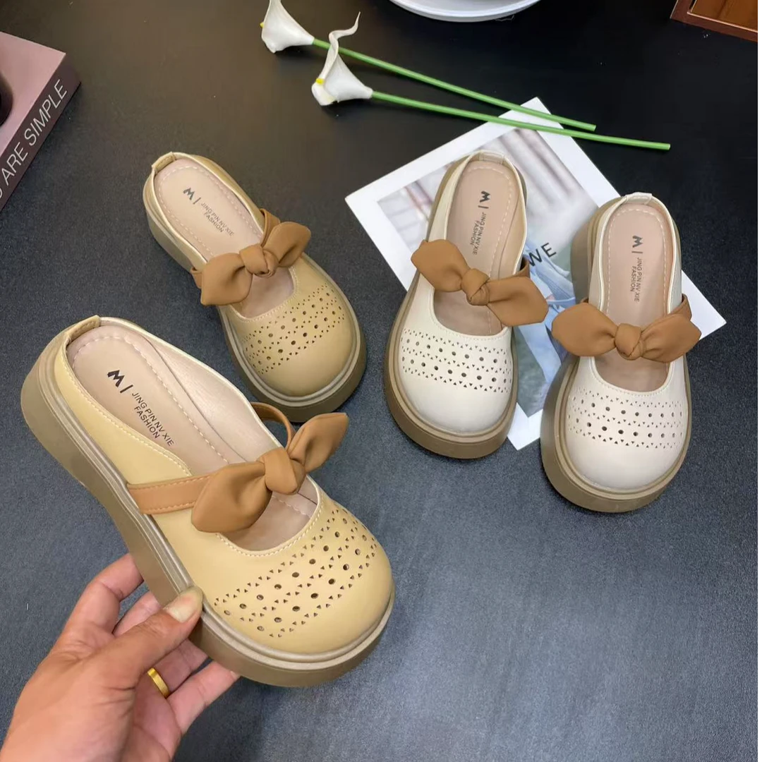 仙女风镂空透气蝴蝶结包头半拖鞋女外穿厚底2025夏季新款百搭凉拖