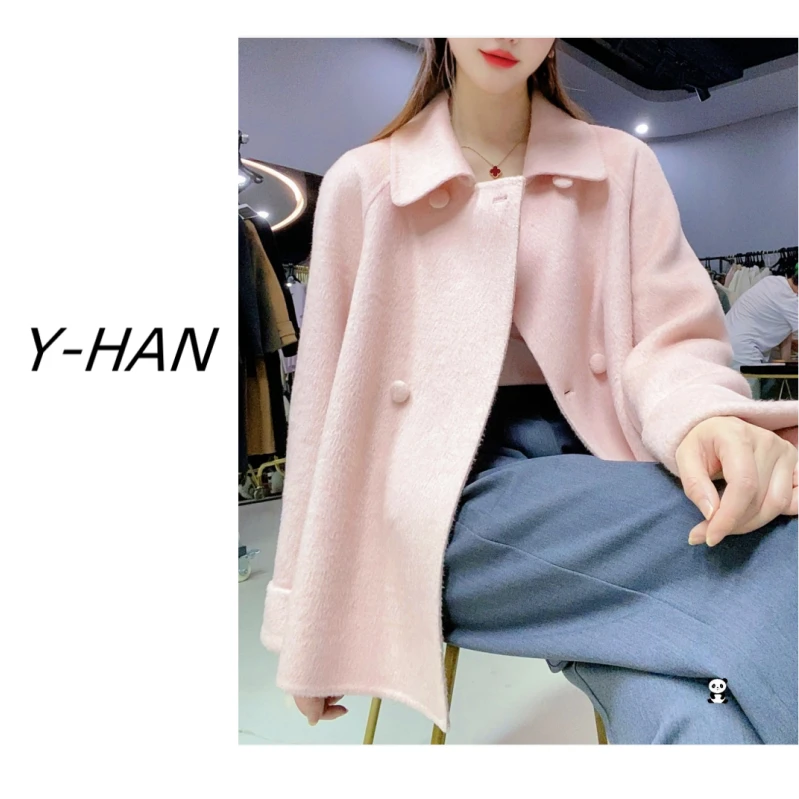2025春季娃娃领双面羊绒短款大衣时尚宽松翻领双面毛呢2601