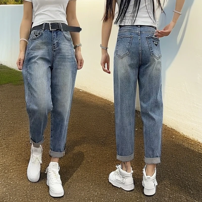 大码女装高腰宽松显瘦遮胯老爹牛仔裤春季新款百搭复古直筒哈伦裤