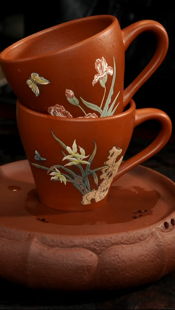 茶壶紫砂一对朱泥花花手把杯